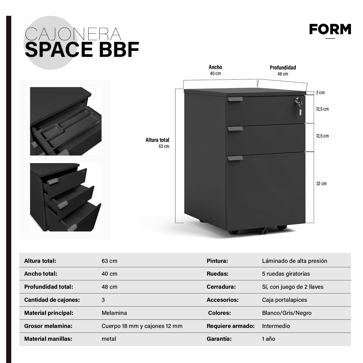 Cajonera Melamina Space BBF Negro