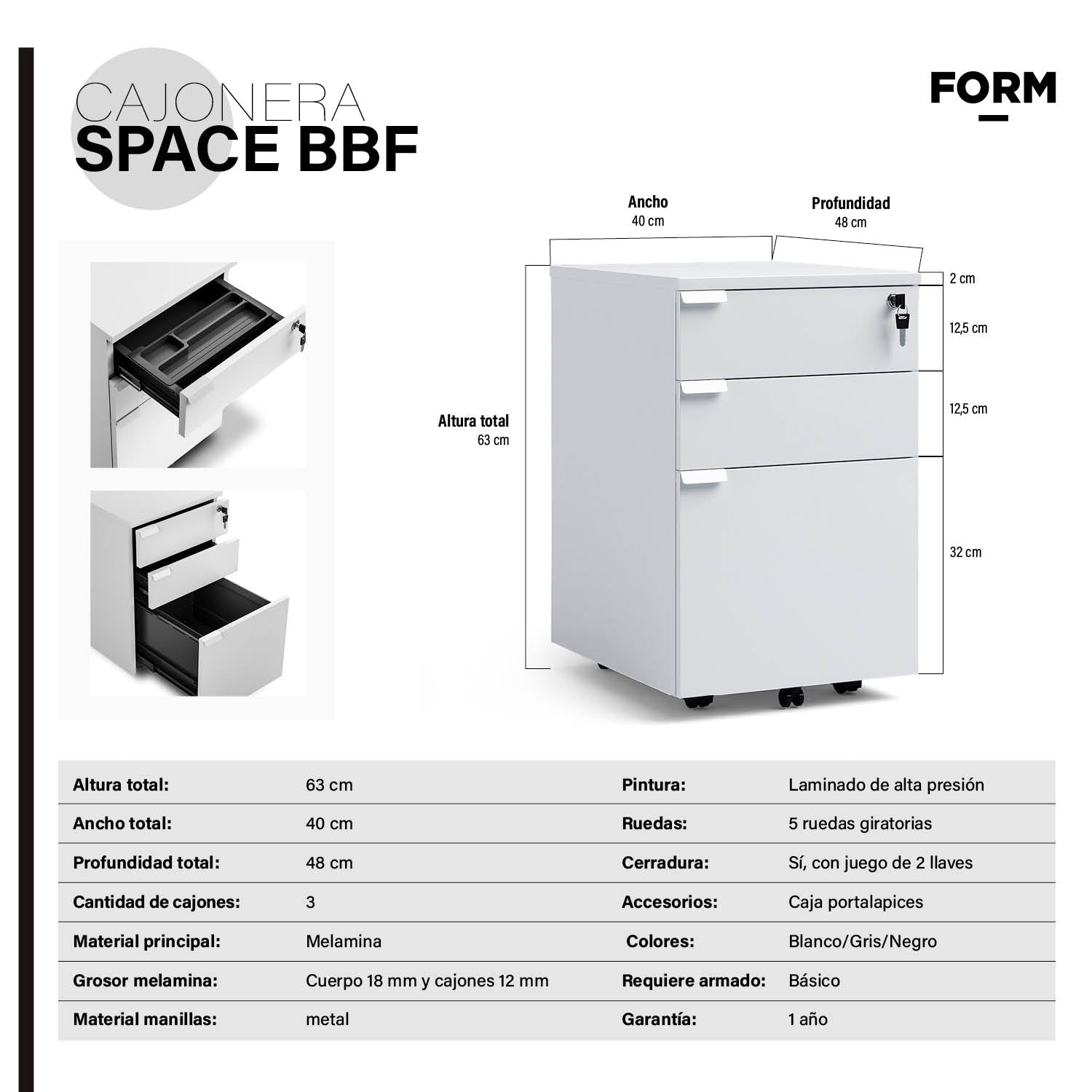 Cajonera Melamina Space BBF Blanco
