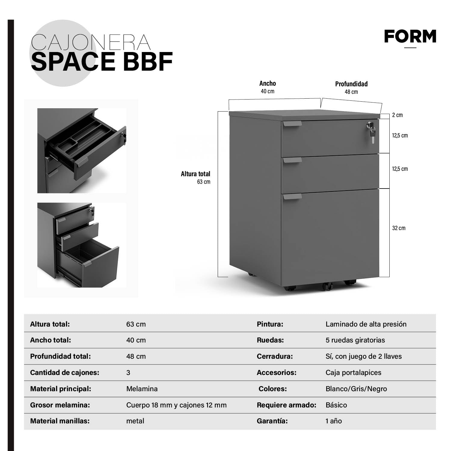 Cajonera Melamina Space BBF Gris