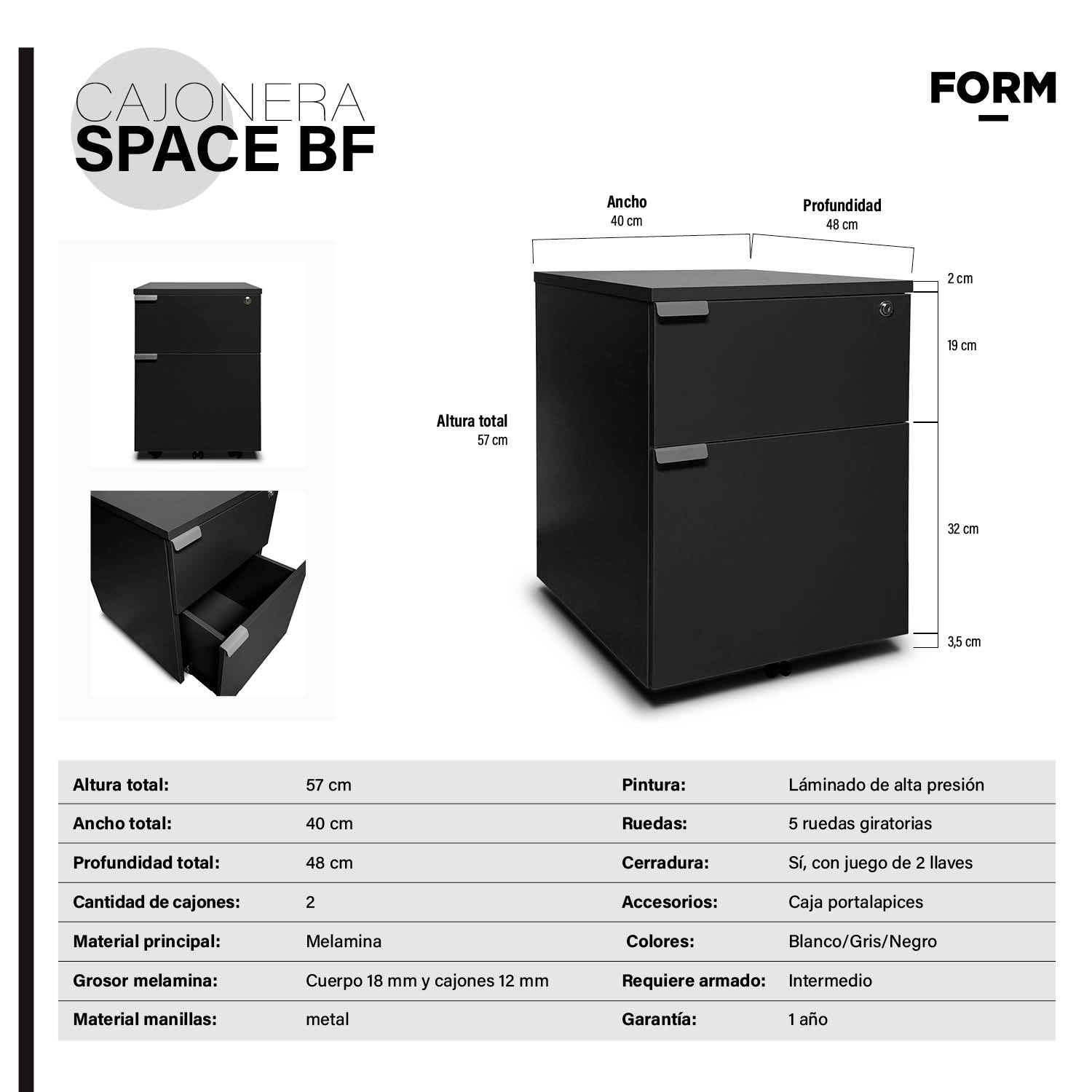 Cajonera Melamina Space BF Negro