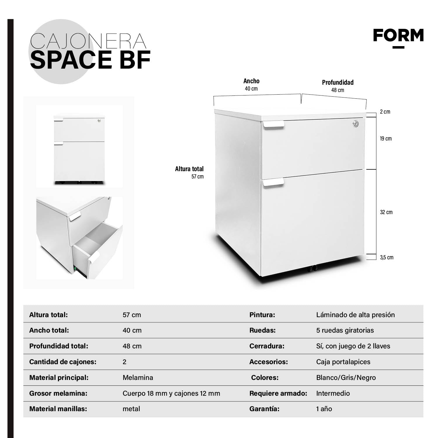 Cajonera Melamina Space BF Blanco