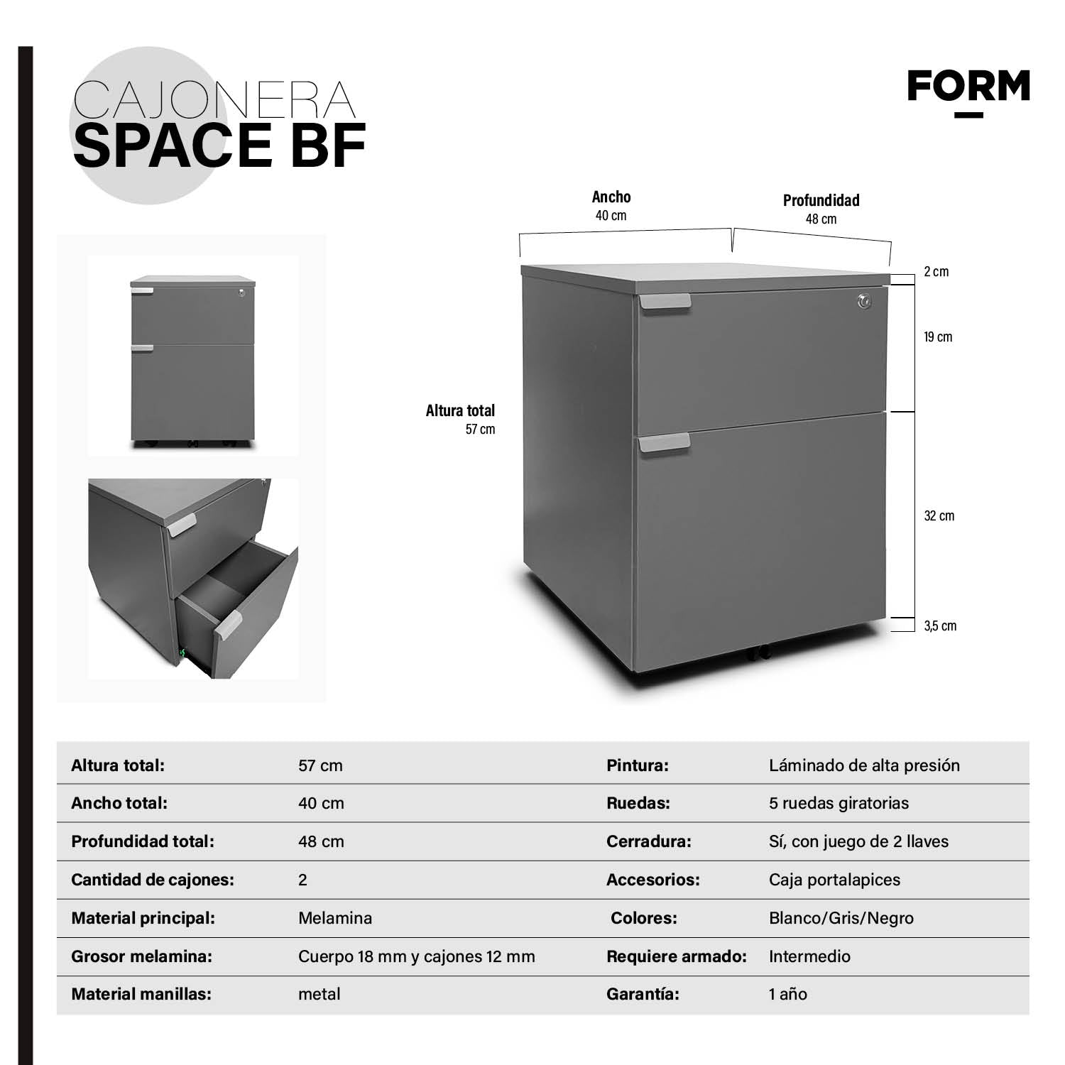 Cajonera Melamina Space BF Gris