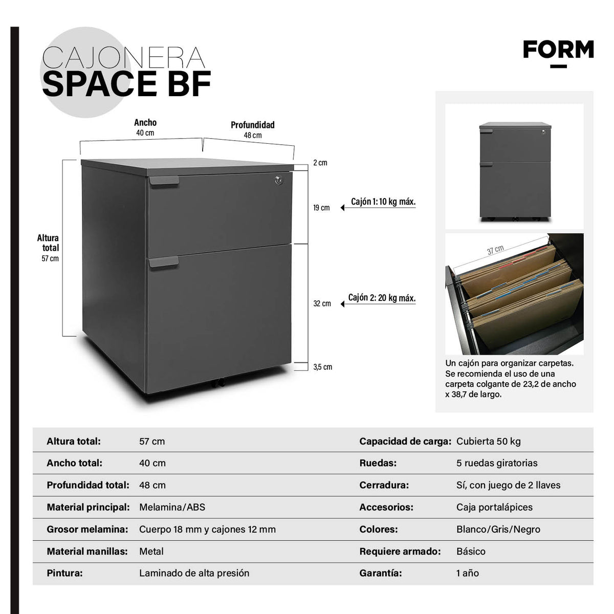 Cajonera Melamina Space BF Gris