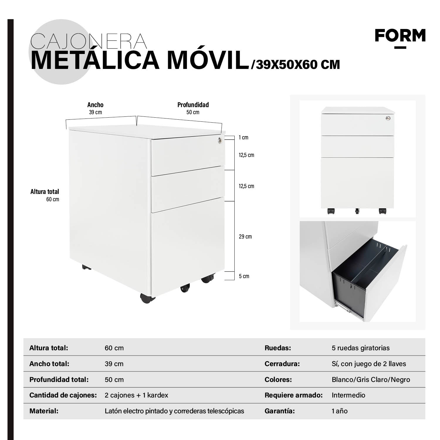 Cajonera Metálica Móvil 39x50x60 cm Blanco