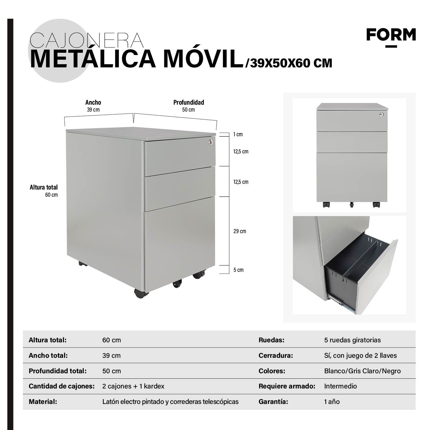 Cajonera Metálica Móvil 39x50x60 cm Gris Claro