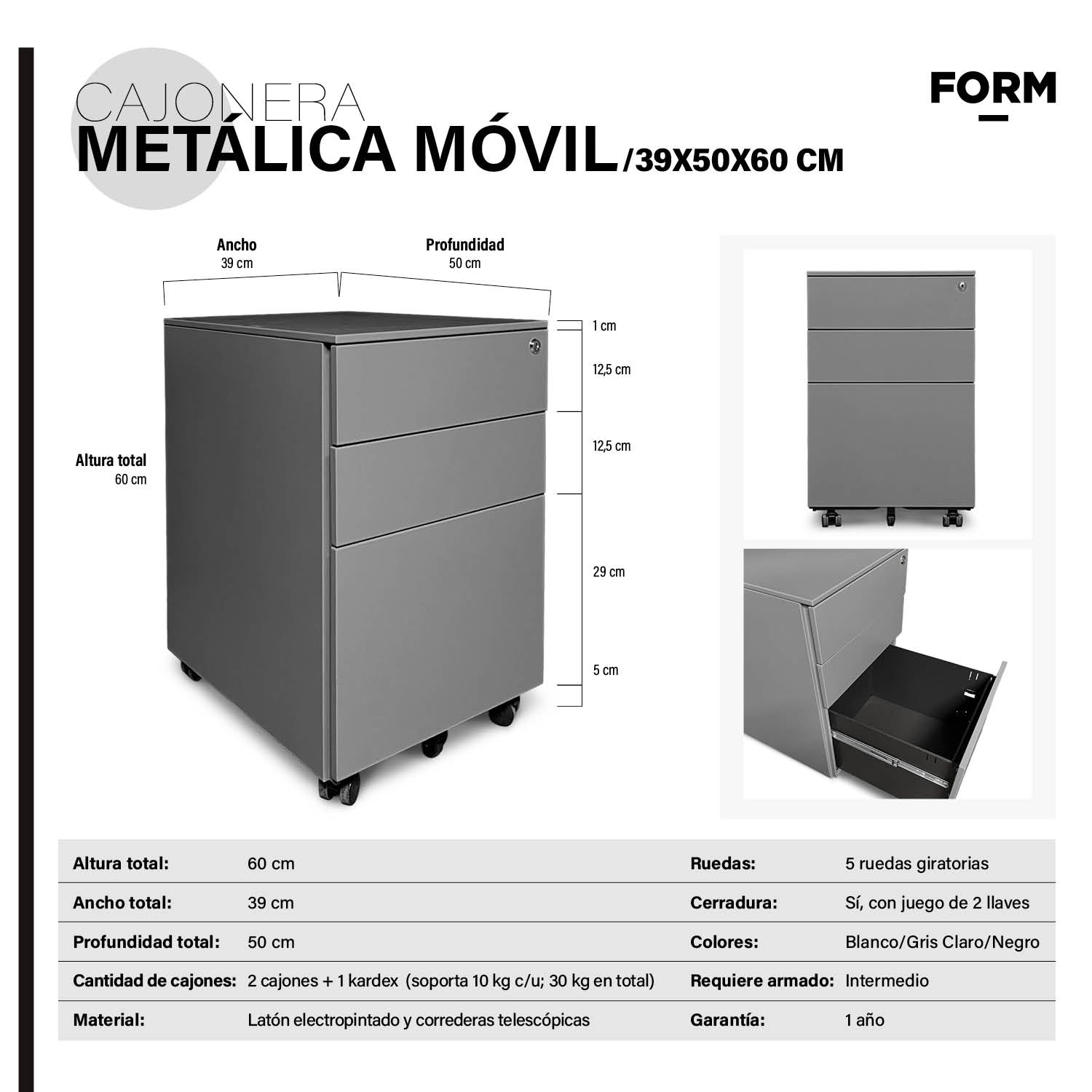 Cajonera Metálica Móvil 39x50x60 cm Gris Claro