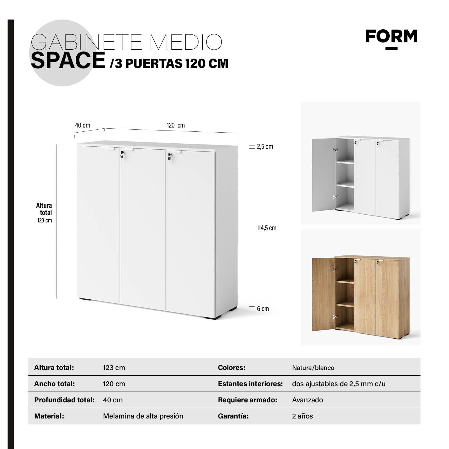 Gabinete Oficina Medio Space 3 puertas 120 Blanco