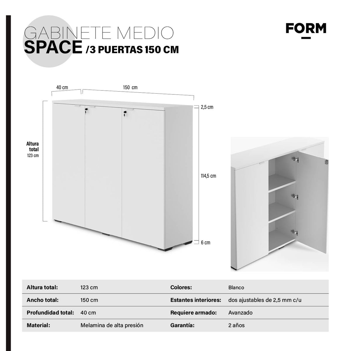 Gabinete Oficina Medio Space 3 puertas 150 Blanco