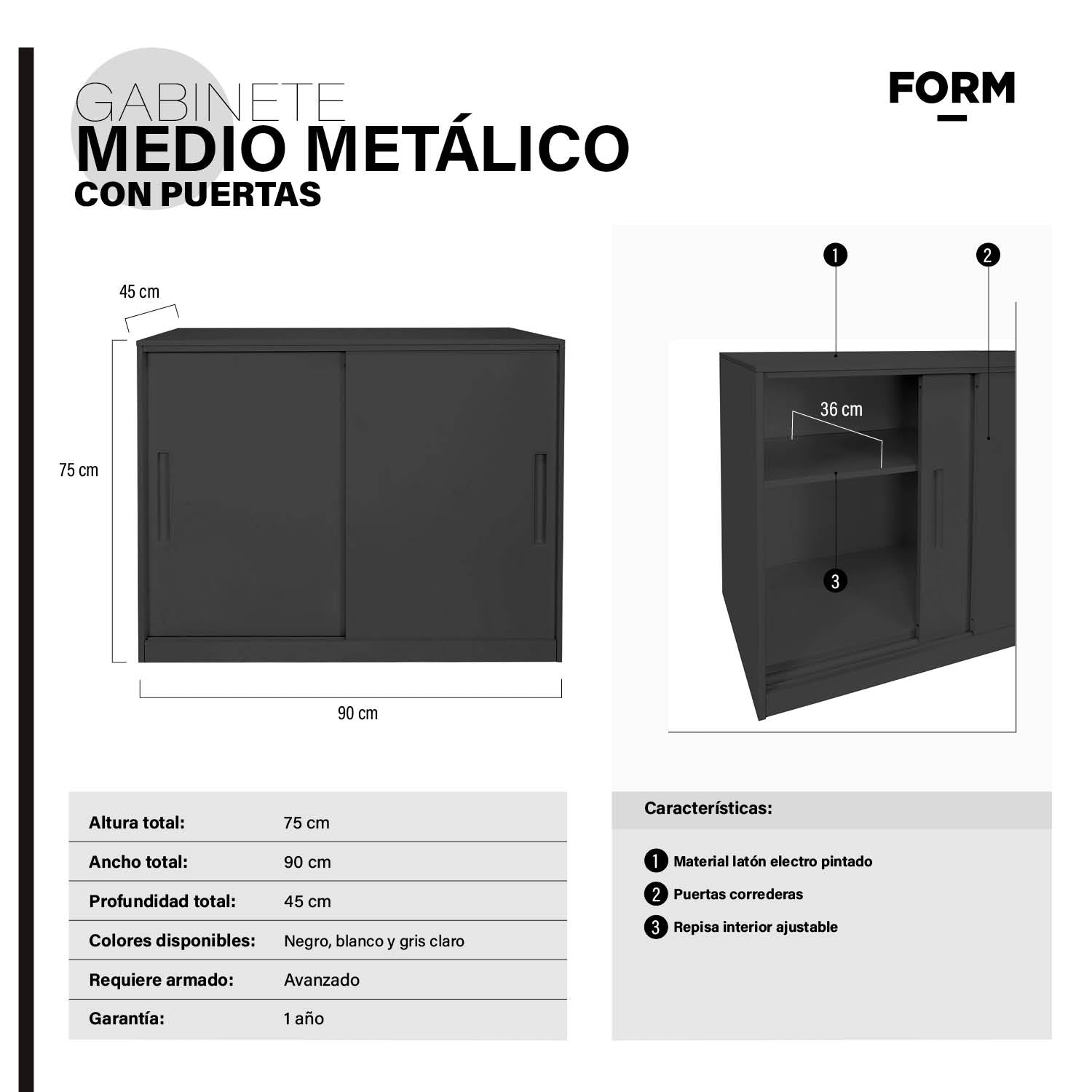 Gabinete Oficina Medio Metálico Con puertas Negro