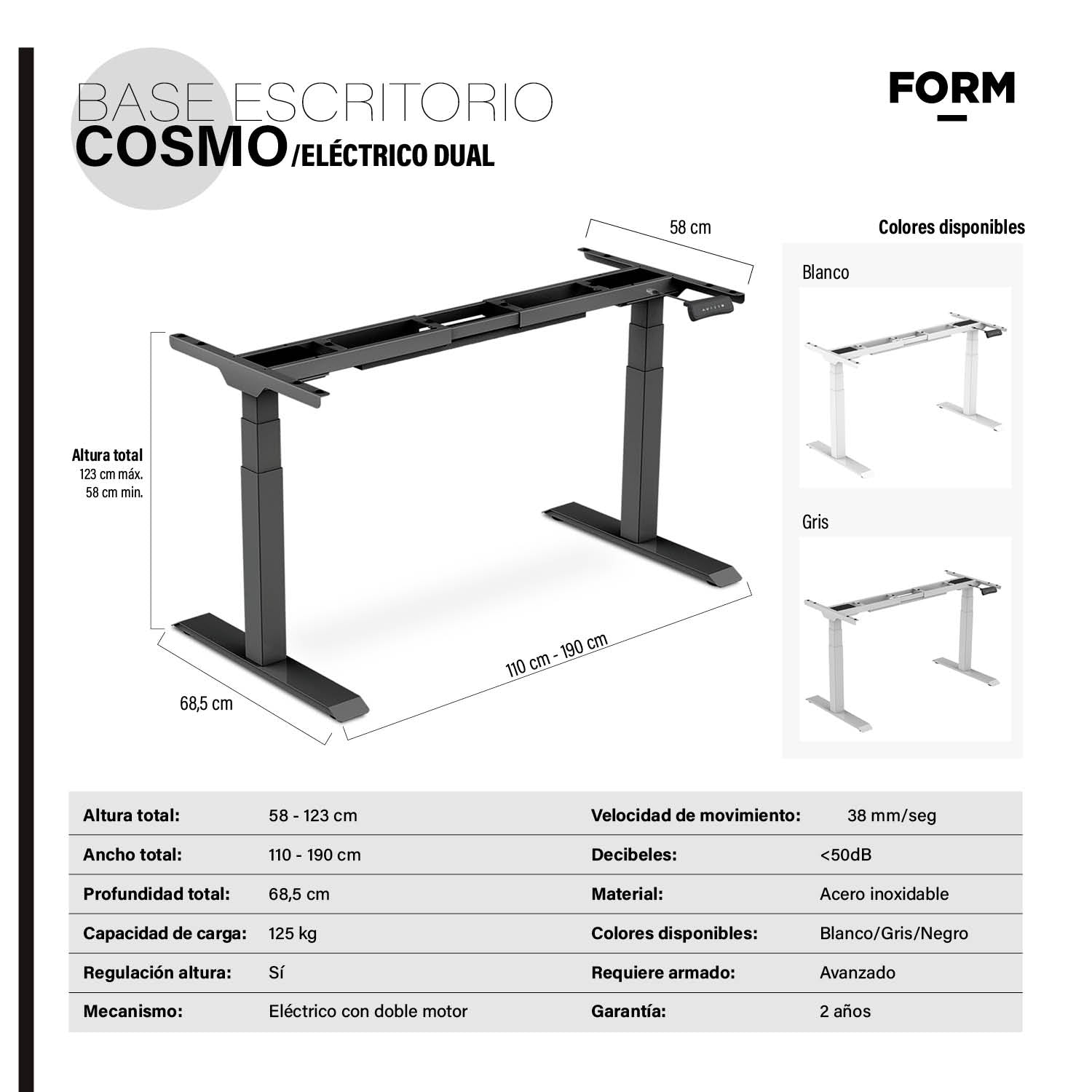 Base Acero Cosmo 120-200 Dual Eléctrico Negro