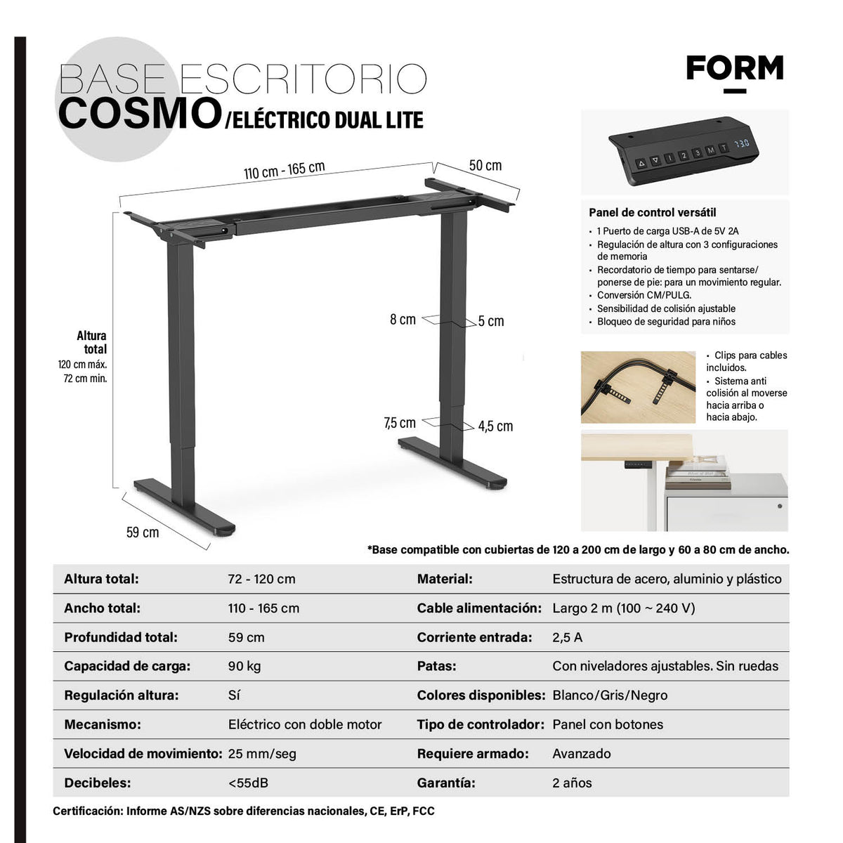 Base Acero Cosmo 120-200 Dual Eléctrico Lite Negro