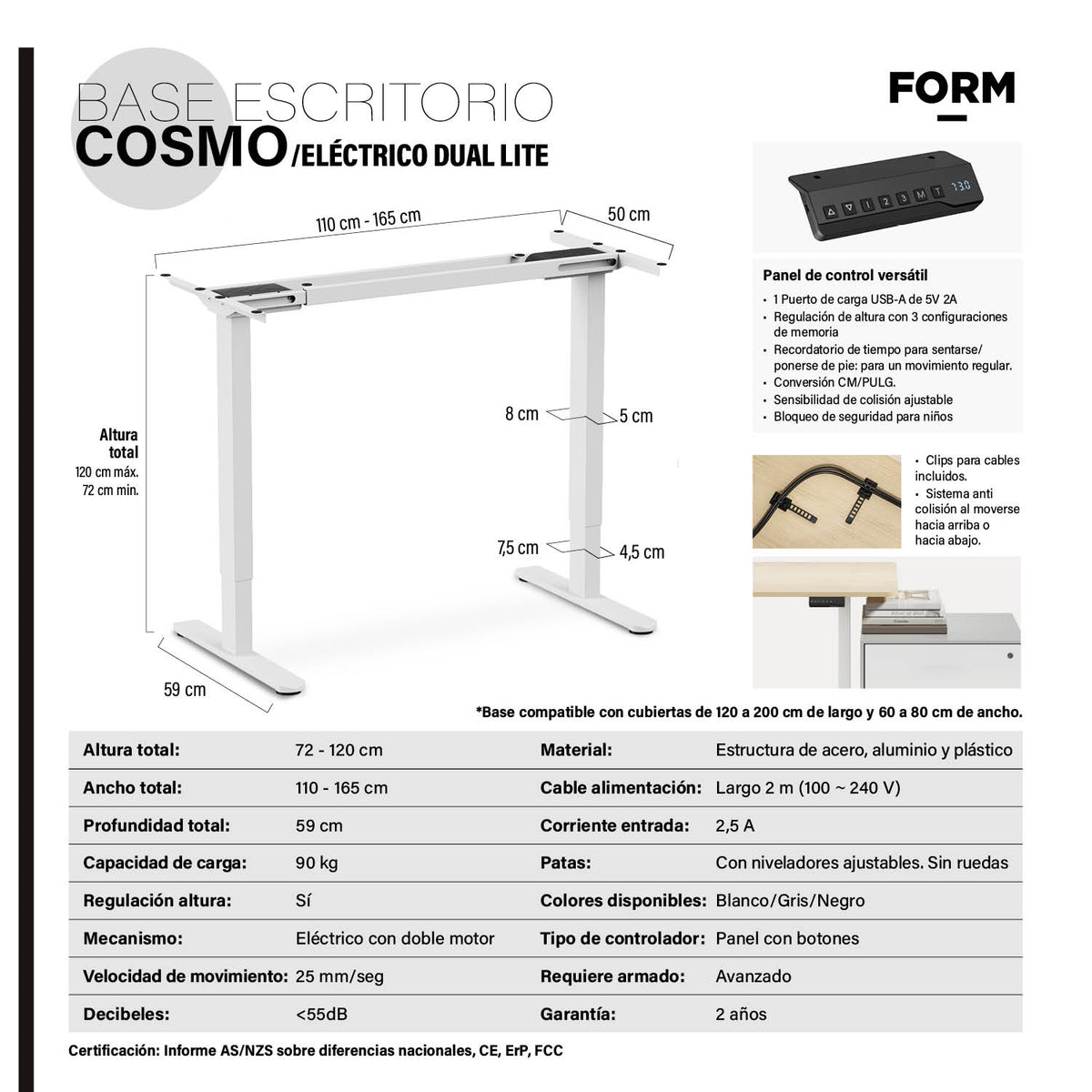 Base Acero Cosmo 120-200 Dual electrico Lite Blanco