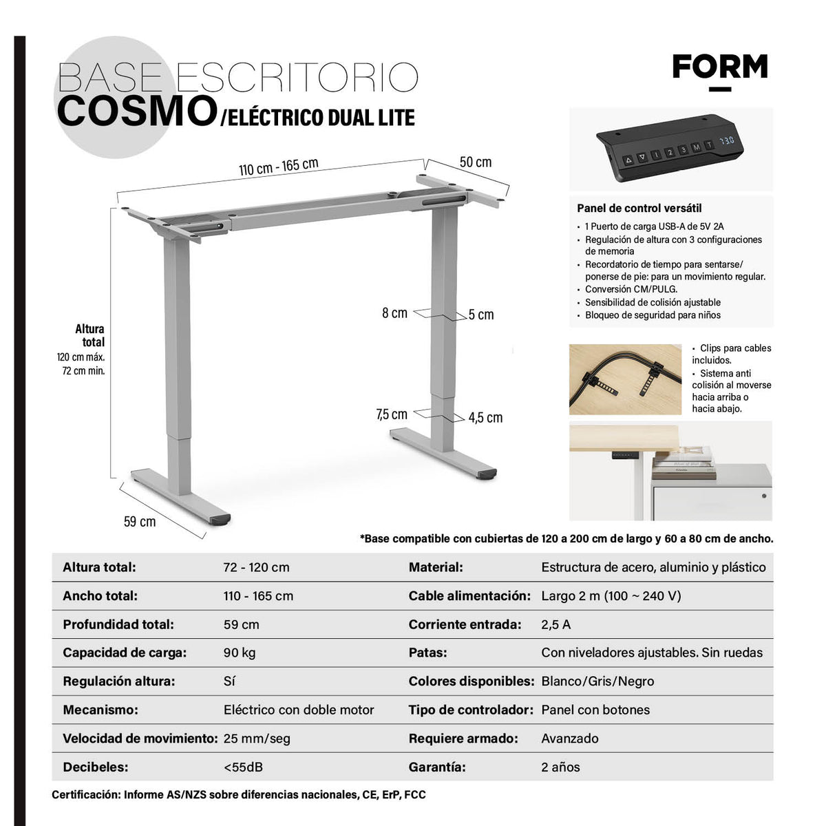 Base Acero Cosmo 120-200 Dual Eléctrico Lite Gris