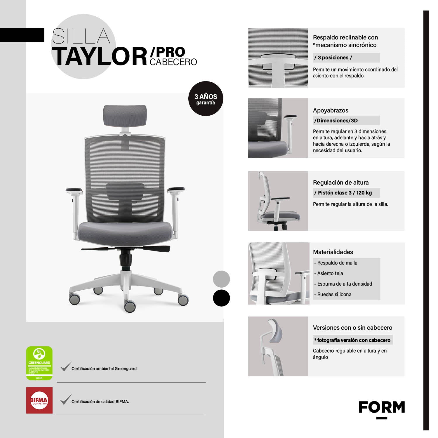 Silla Oficina Taylor Pro Gris Claro con cabecero