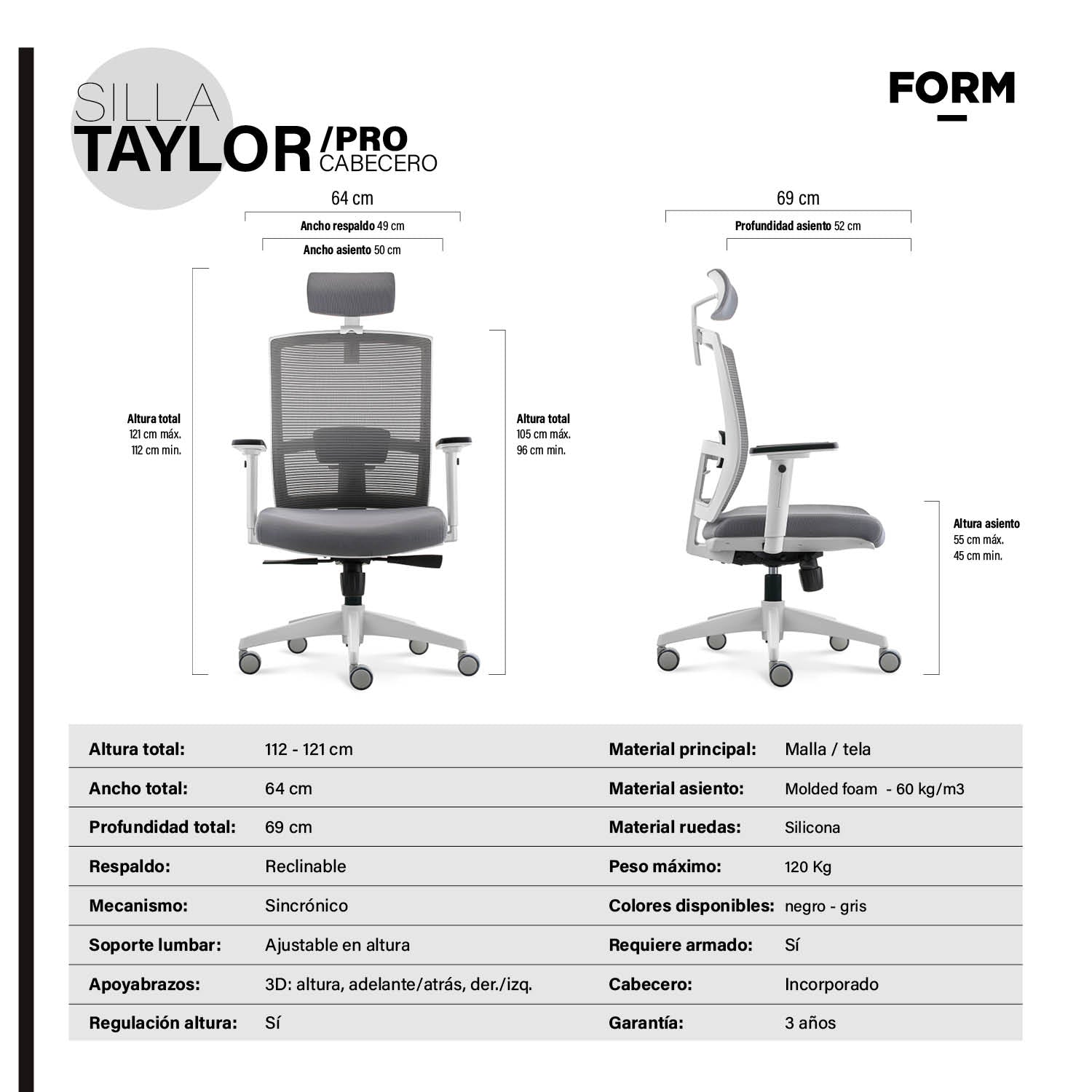 Silla Oficina Taylor Pro Gris Claro con cabecero