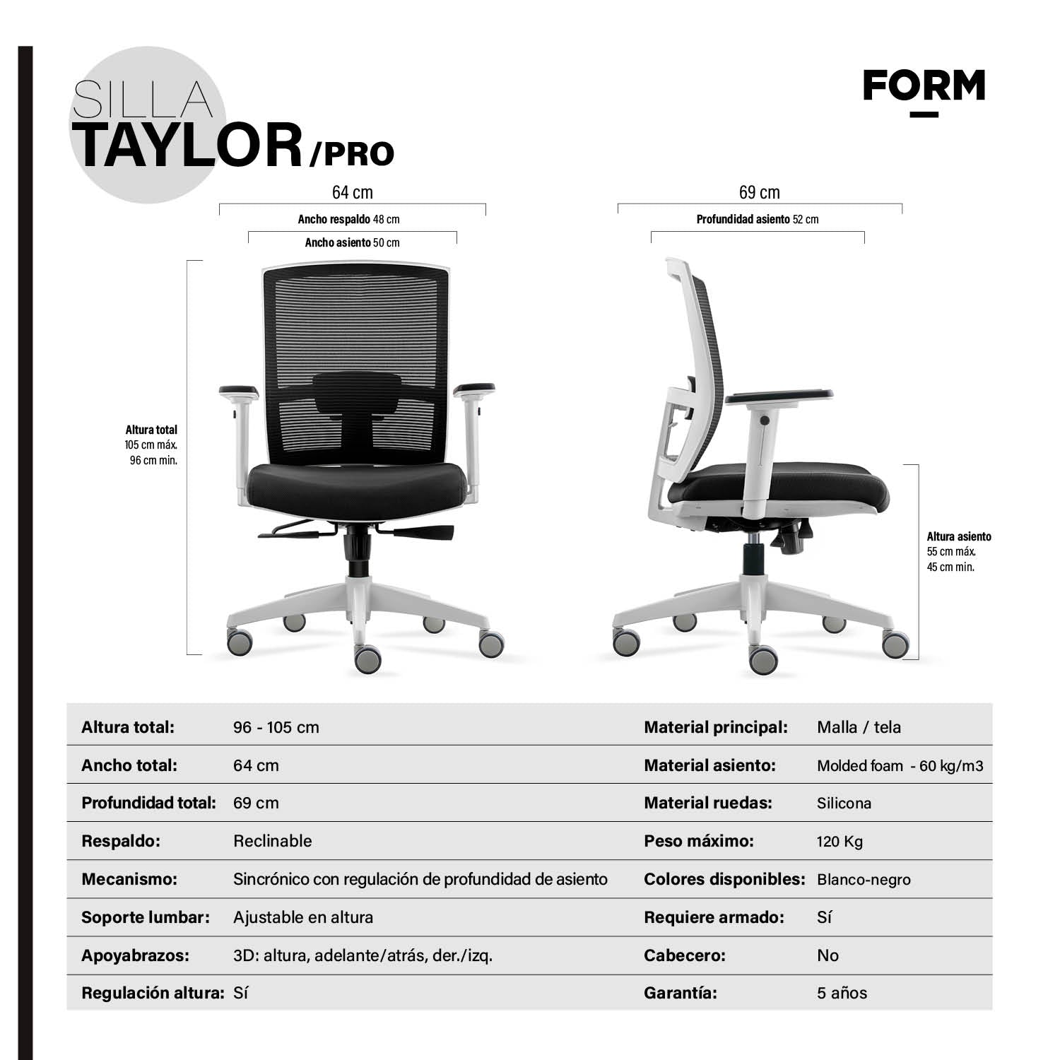 Silla Oficina Taylor Pro Negro/Blanco