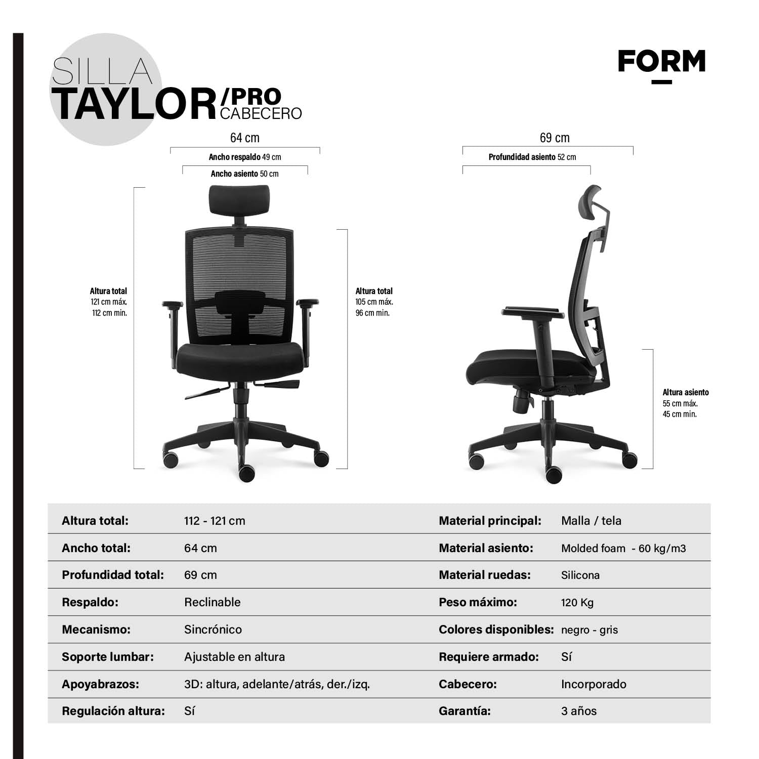 Silla Oficina Taylor Syncro Negro con cabecero