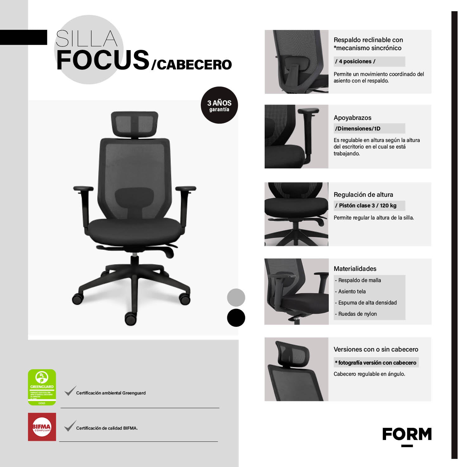 Silla Oficina Focus Negro con cabecero