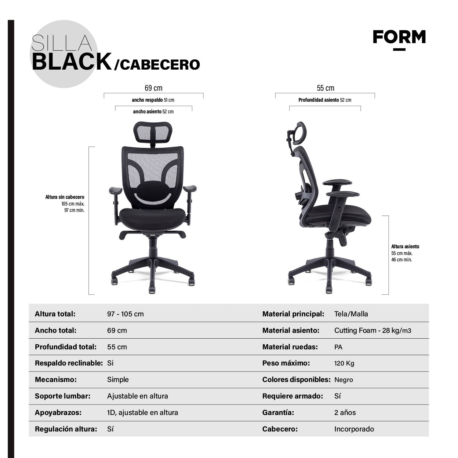 Silla Oficina Black Base Nylon c/cabecero Negro