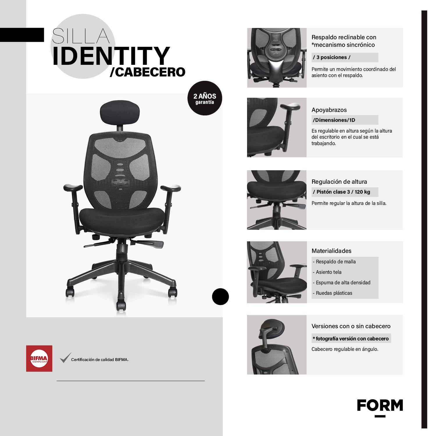 Silla Oficina Identity Base Nylon c/cabecero Negro