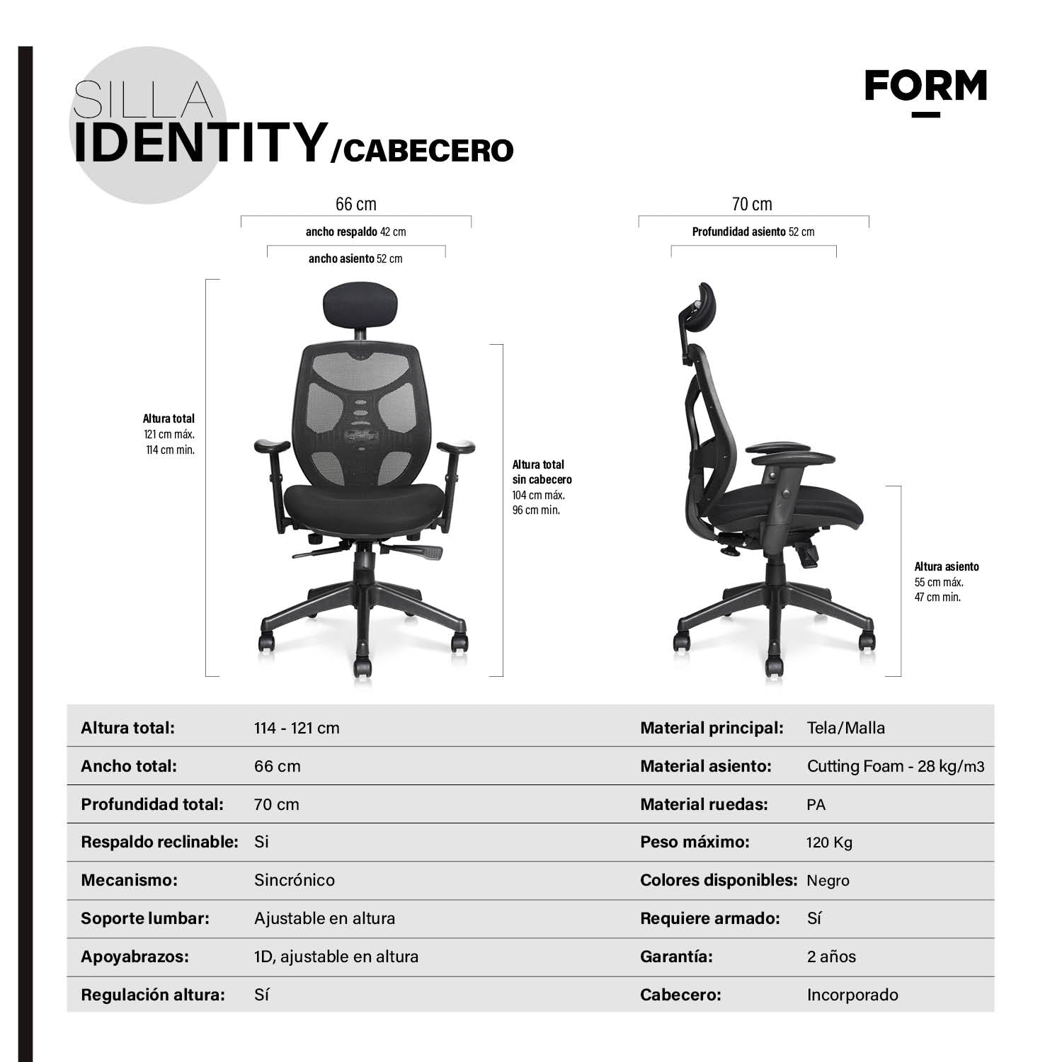 Silla Oficina Identity Base Nylon c/cabecero Negro