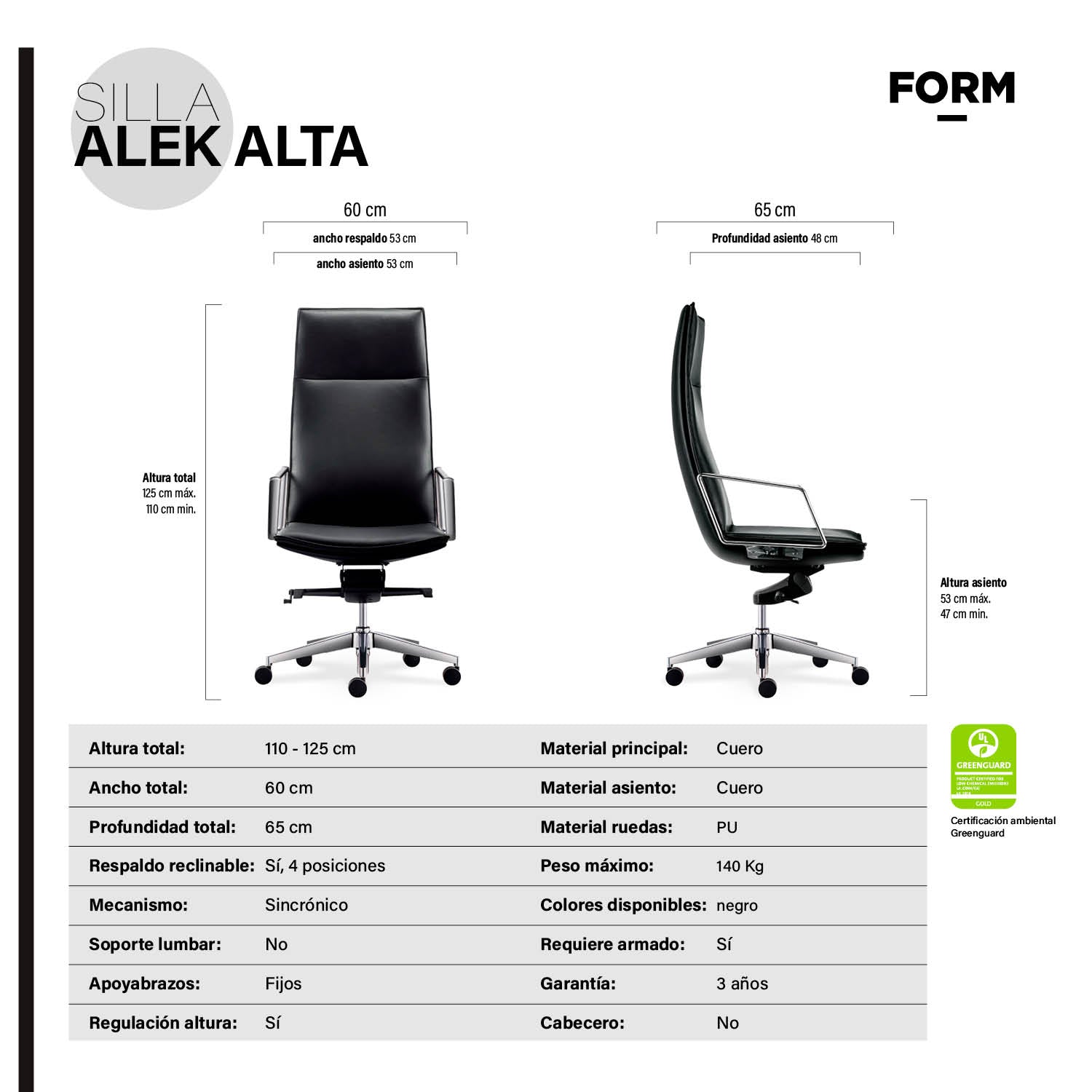 Silla oficina Alek Alta Negro