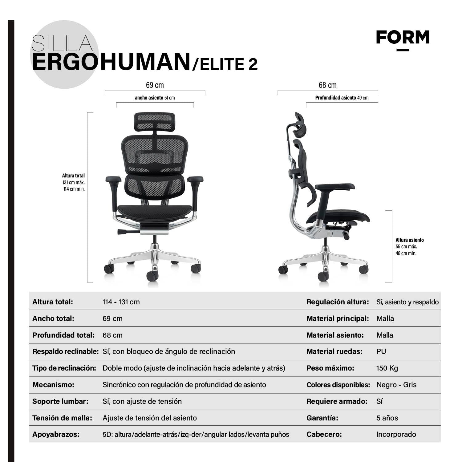 Silla Ergohuman Elite 2 Negro c/cabecero