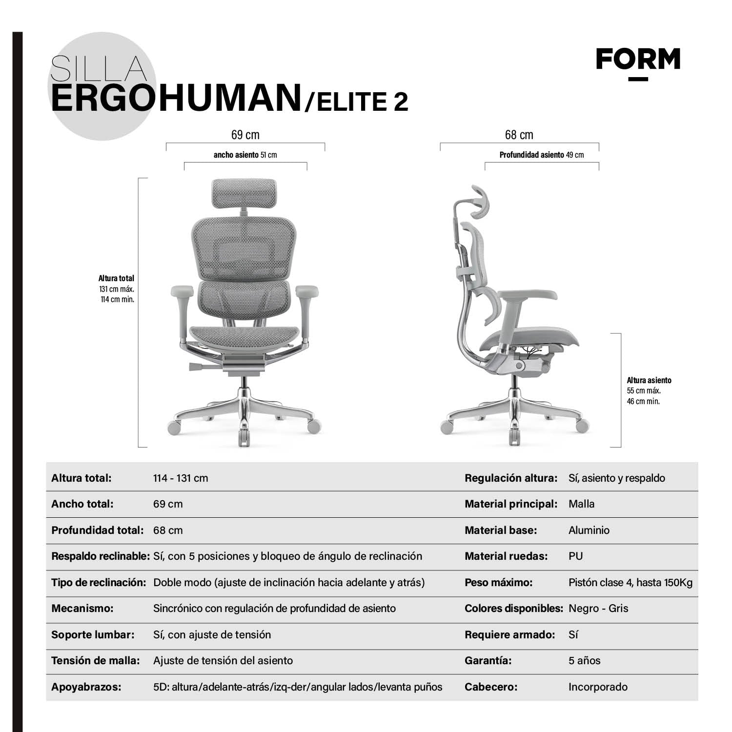 Silla Ergohuman Elite 2 Gris Claro c/cabecero