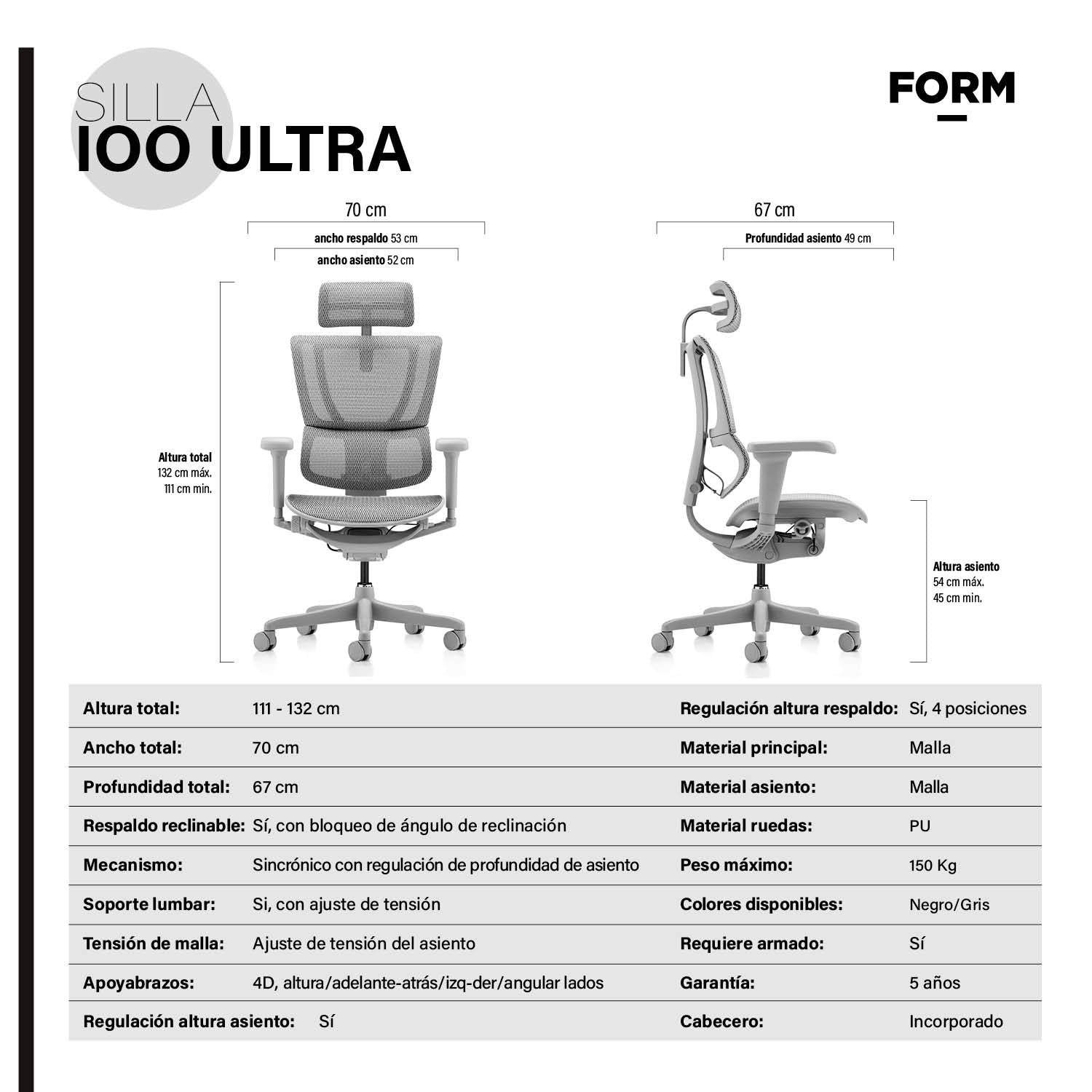 Silla IOO Ultra Gris claro c/cabecero
