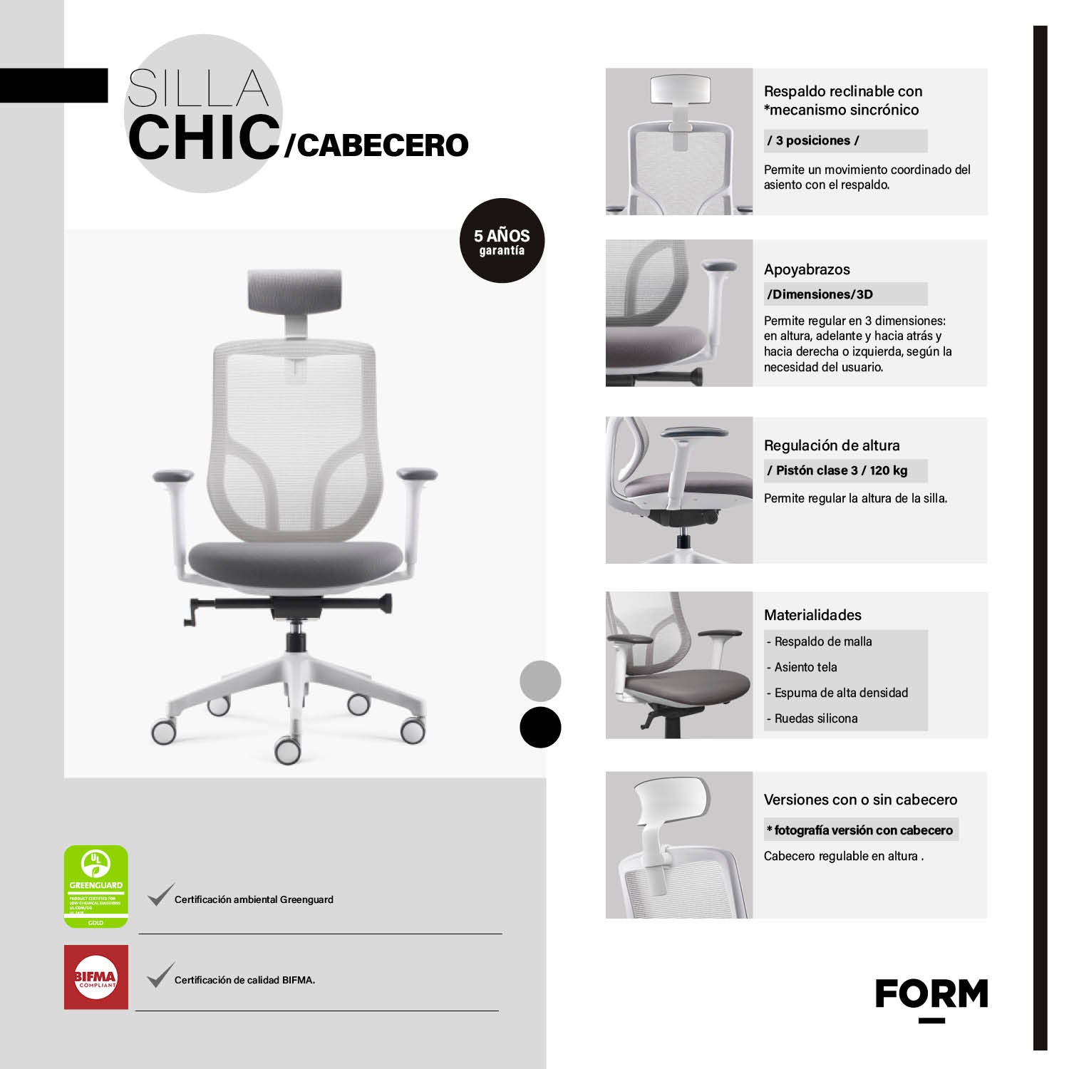 Silla Oficina Chic con cabecero Gris claro