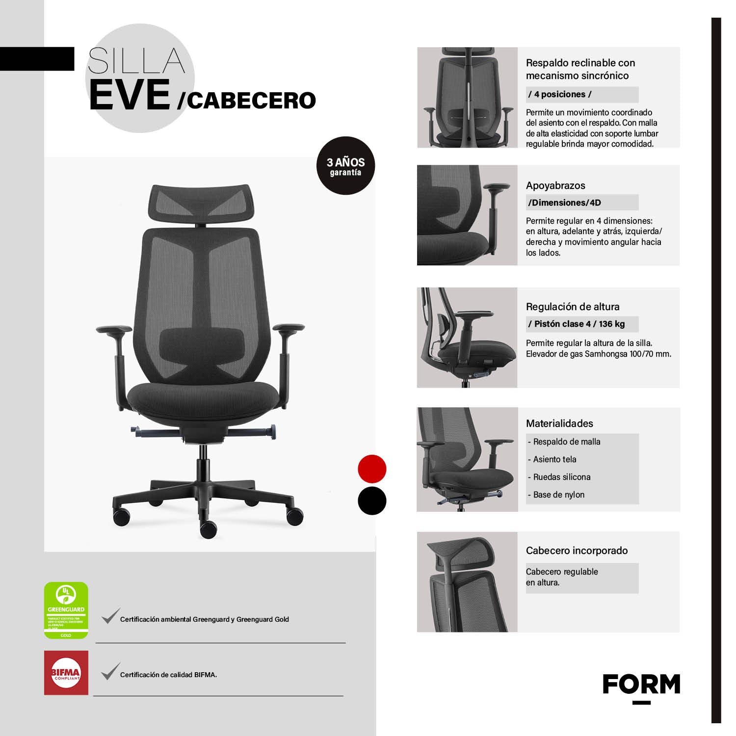 Silla Oficina Eve con cabecero Negro