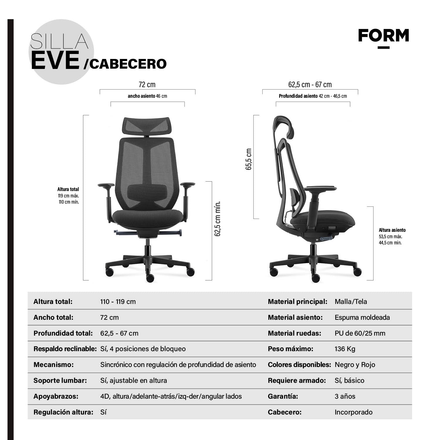 Silla Oficina Eve con cabecero Negro