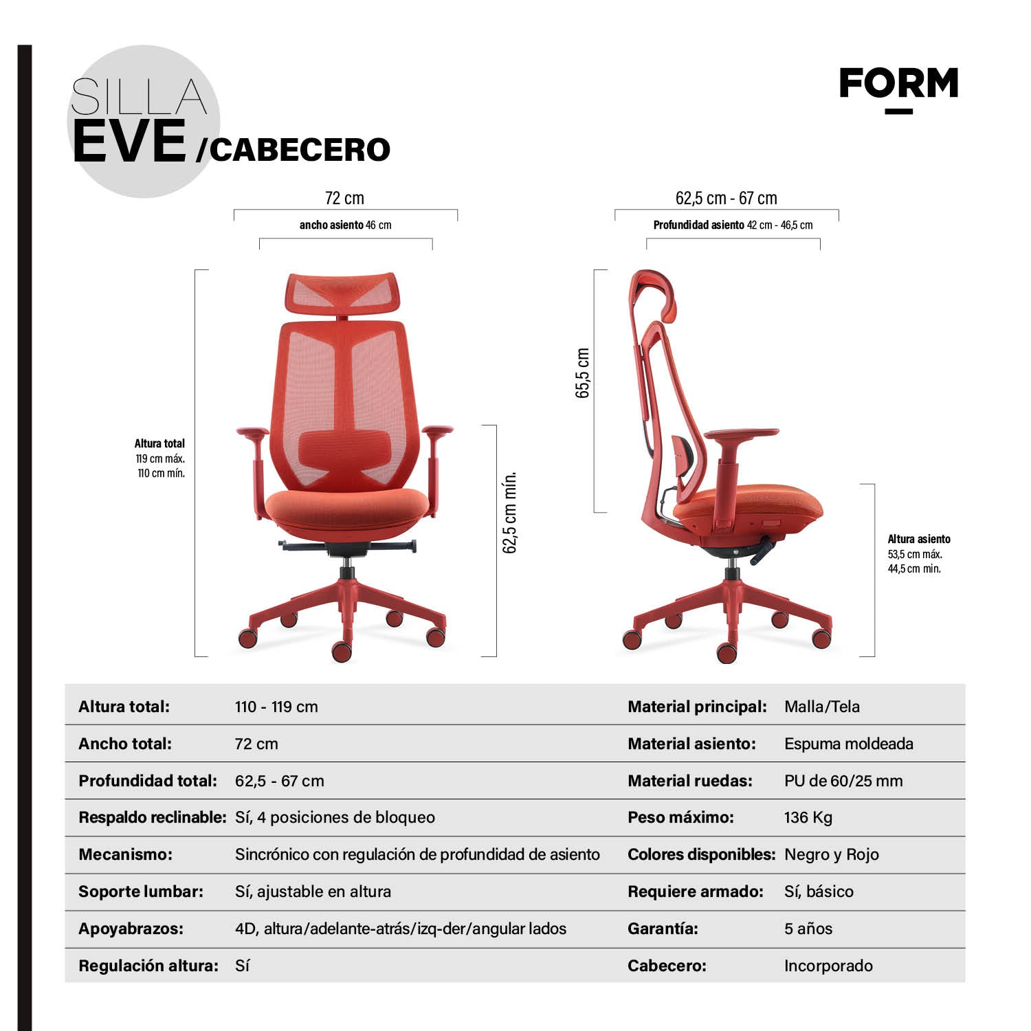 Silla Oficina Eve con cabecero Rojo