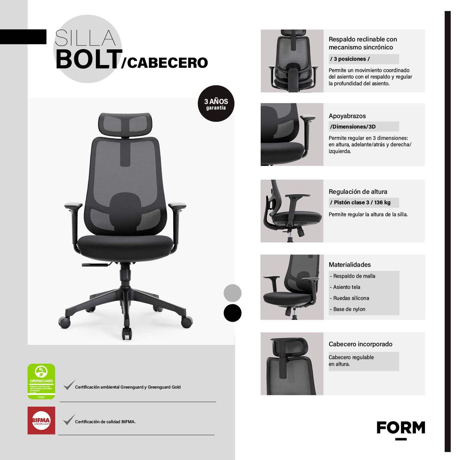 Silla Oficina Bolt Negro con cabecero