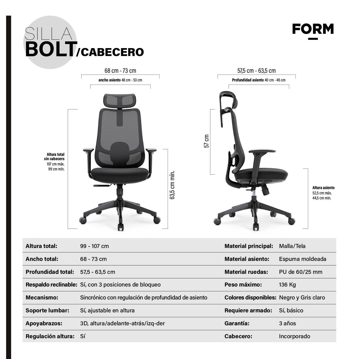 Silla Oficina Bolt Negro con cabecero