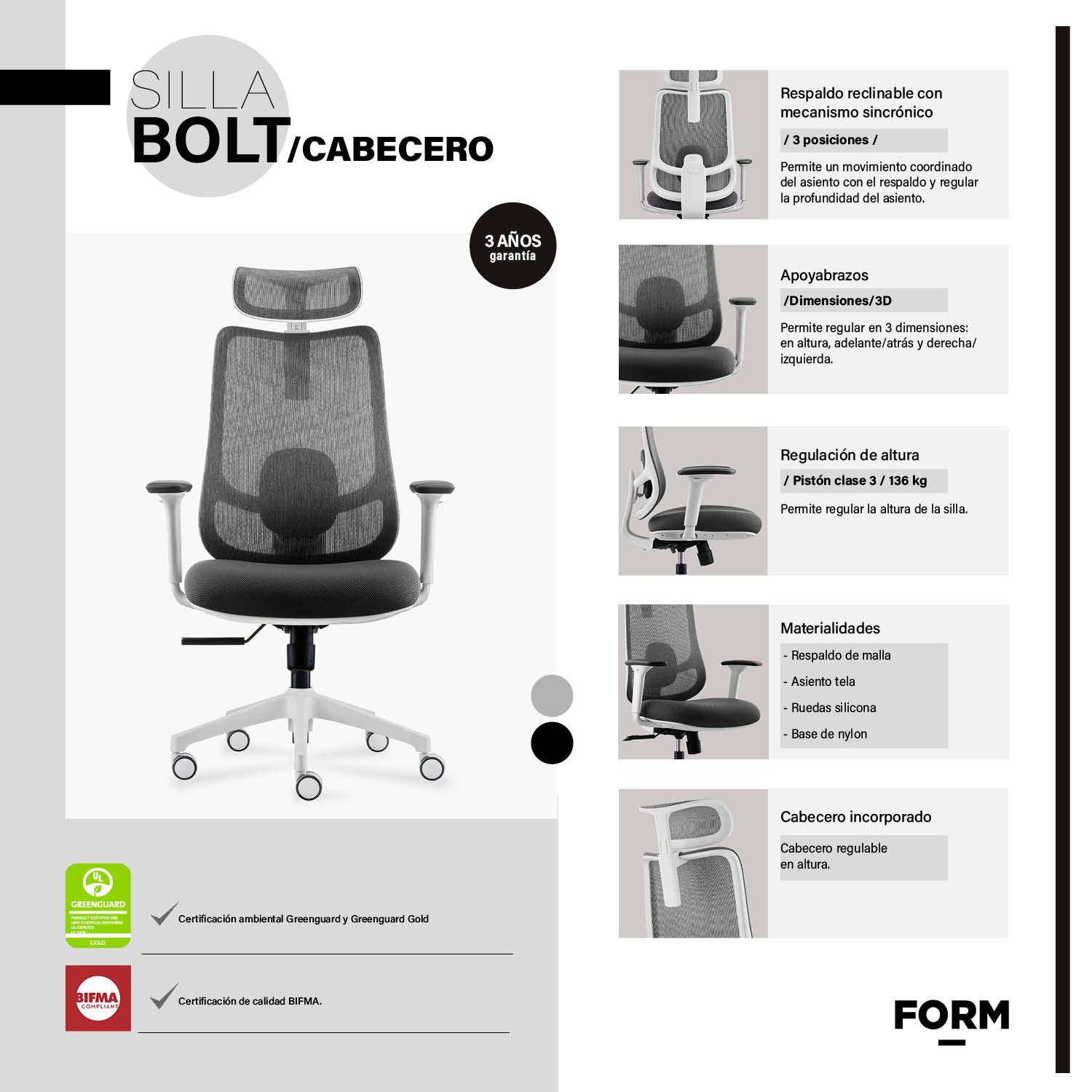 Silla Oficina Bolt Gris Claro con cabecero