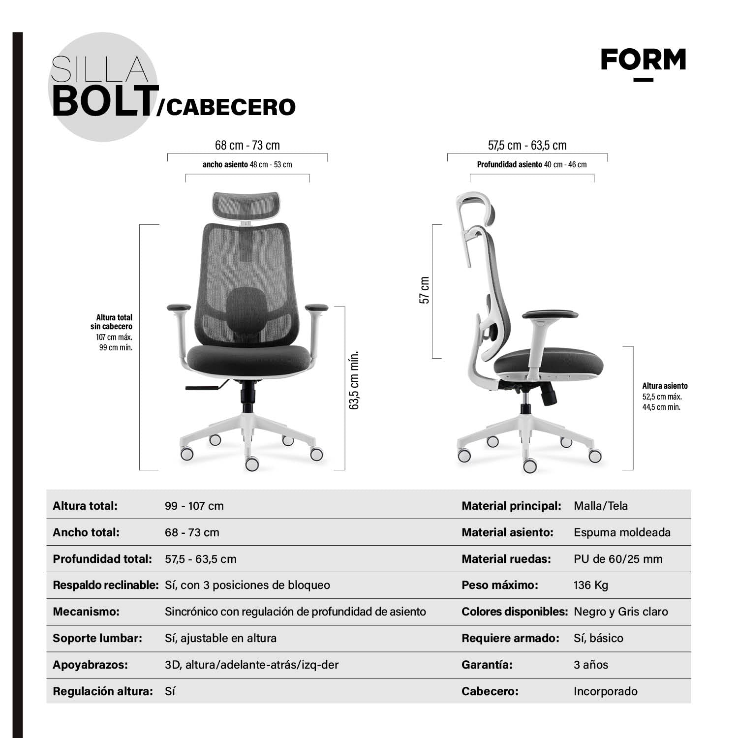 Silla Oficina Bolt Gris Claro con cabecero