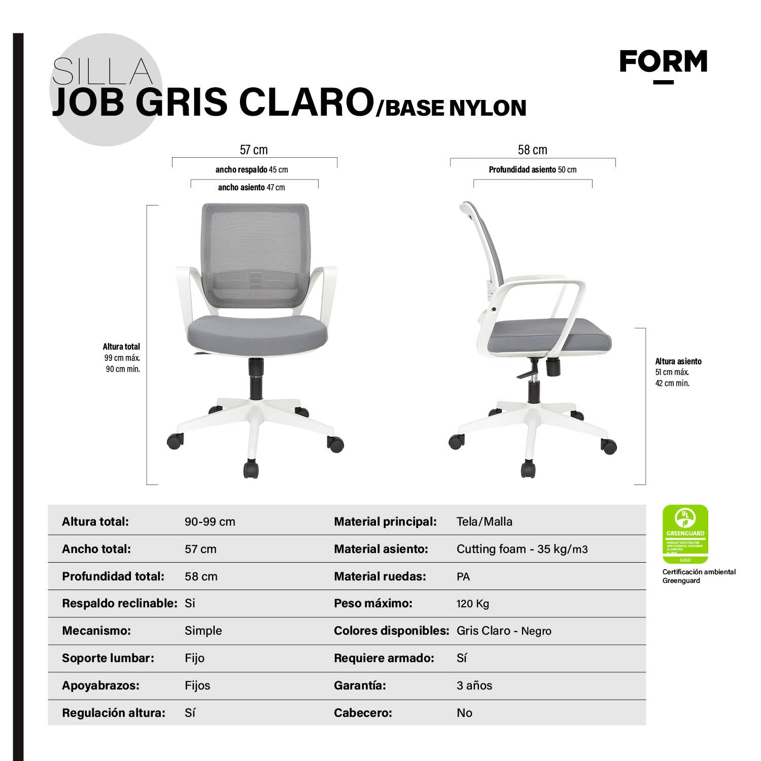 Silla Oficina Job Base Nylon Gris Claro