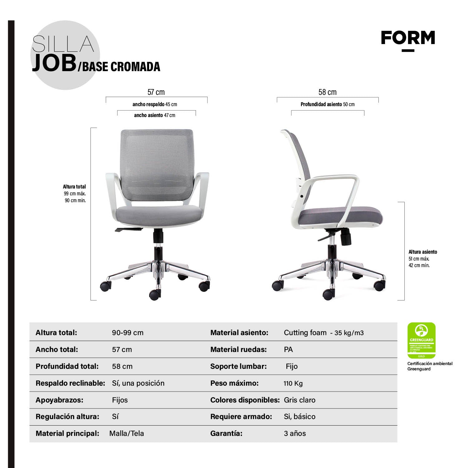 Silla Oficina Job Base Cromada Gris Claro