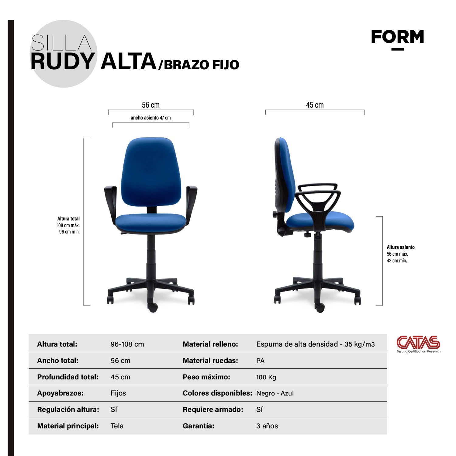 Silla Escritorio Rudy Alta Brazo Fijo Tela Azul