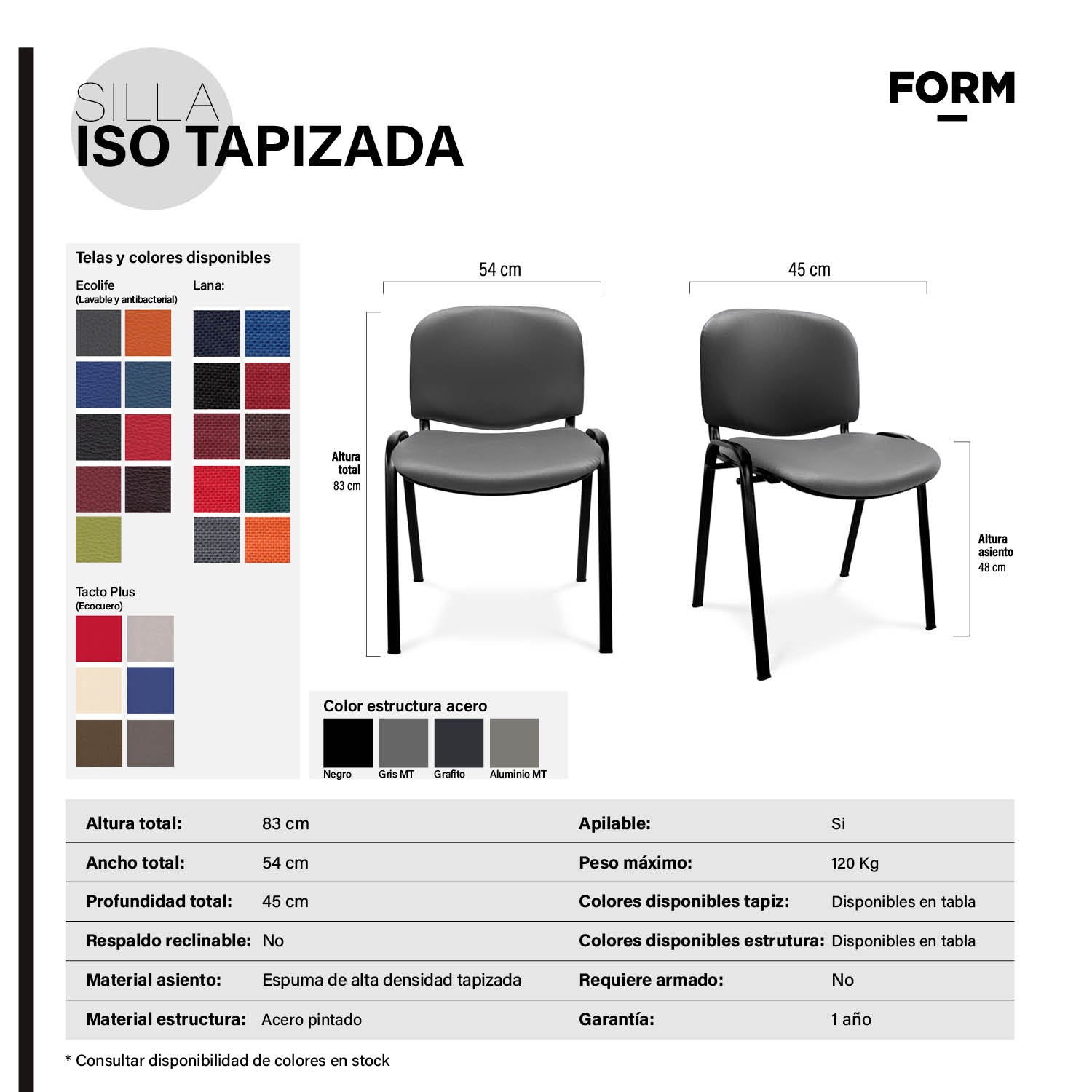 Silla Oficina Visita ISO Tapiz Ecocuero Gris Base Negro